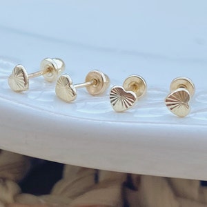 10K Gold Heart Stud Earrings – Tiny Screw Back Earrings for Lobe, Cartilage & Second Hole – Dainty Minimalist Piercing Jewelry