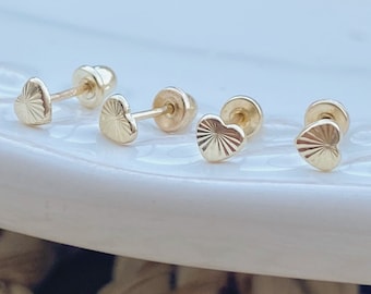 10K Gold Heart Stud Earrings – Tiny Screw Back Earrings for Lobe, Cartilage & Second Hole – Dainty Minimalist Piercing Jewelry