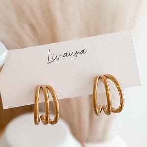 Triple Hoop Earrings – 18K Gold Plated Huggie Hoops – Dainty Layered Earrings – Lightweight Everyday Gold Hoops