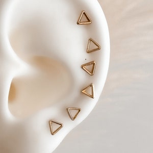 10K Gold Triangle Stud Earrings – Dainty Geometric Screw Back Earrings for Lobe, Cartilage, Helix Piercings – Solid Gold Ear Stack Jewelry