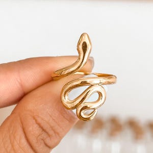 May include: A gold-toned snake ring with a coiled design. The ring is worn on a finger.
