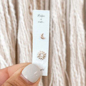 10K Solid Gold Moon and Sun Stud Earrings • Screw Back • Celestial Piercing • Second Hole & Cartilage • Mismatched Ear Stack