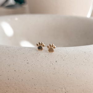 10K Gold Paw Print Stud Earrings, Solid Gold Screw Back Studs, Cartilage Piercing Earrings, Dainty Second Hole Studs, Dog Paw Earrings