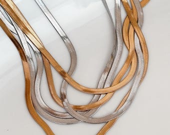 18K Gold Plated Snake Chain Necklace, Flat Herringbone Gold Chain, Waterproof Minimal Layering Necklace
