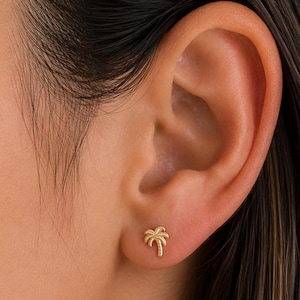 Ohrstecker in Palmenform aus 10-karätigem Massivgold, mit Schraubverschluss, Knorpelohrringe, zierliche Goldstecker