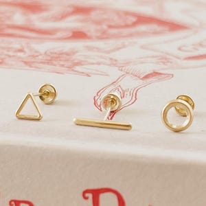 10K Gold Stud Earrings Set–Solid Gold Screw Back Earring-Geometric Minimalist Earrings-Tiny Studs for Layering-Hypoallergenic Piercing Studs
