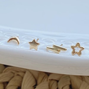 10K Gold Stud Earrings Set – Moon, Star, Lightning Bolt, Open Star – Screw Back Earrings– Solid Gold Earrings for Piercings and Ear Stacks