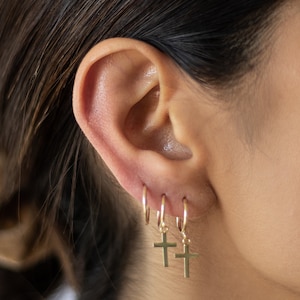 Cross Hoop Earrings-10K Gold Hoop Earring With Charm-Gold Christian Earrings-Cross Earring Men-Huggie Hoop Earrings-Religious Earrings