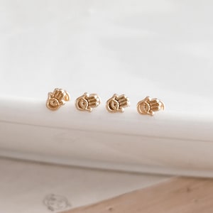 Mini Hamsa Hand Stud Earrings | 10K Gold Screw Back Earrings, Tiny Cartilage Earrings, Nap Studs, Layered Dainty Piercing Studs