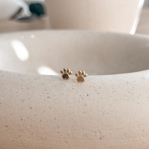 10K Gold Paw Print Stud Earrings, Solid Gold Screw Back Studs, Cartilage Piercing Earrings, Dainty Second Hole Studs, Dog Paw Earrings