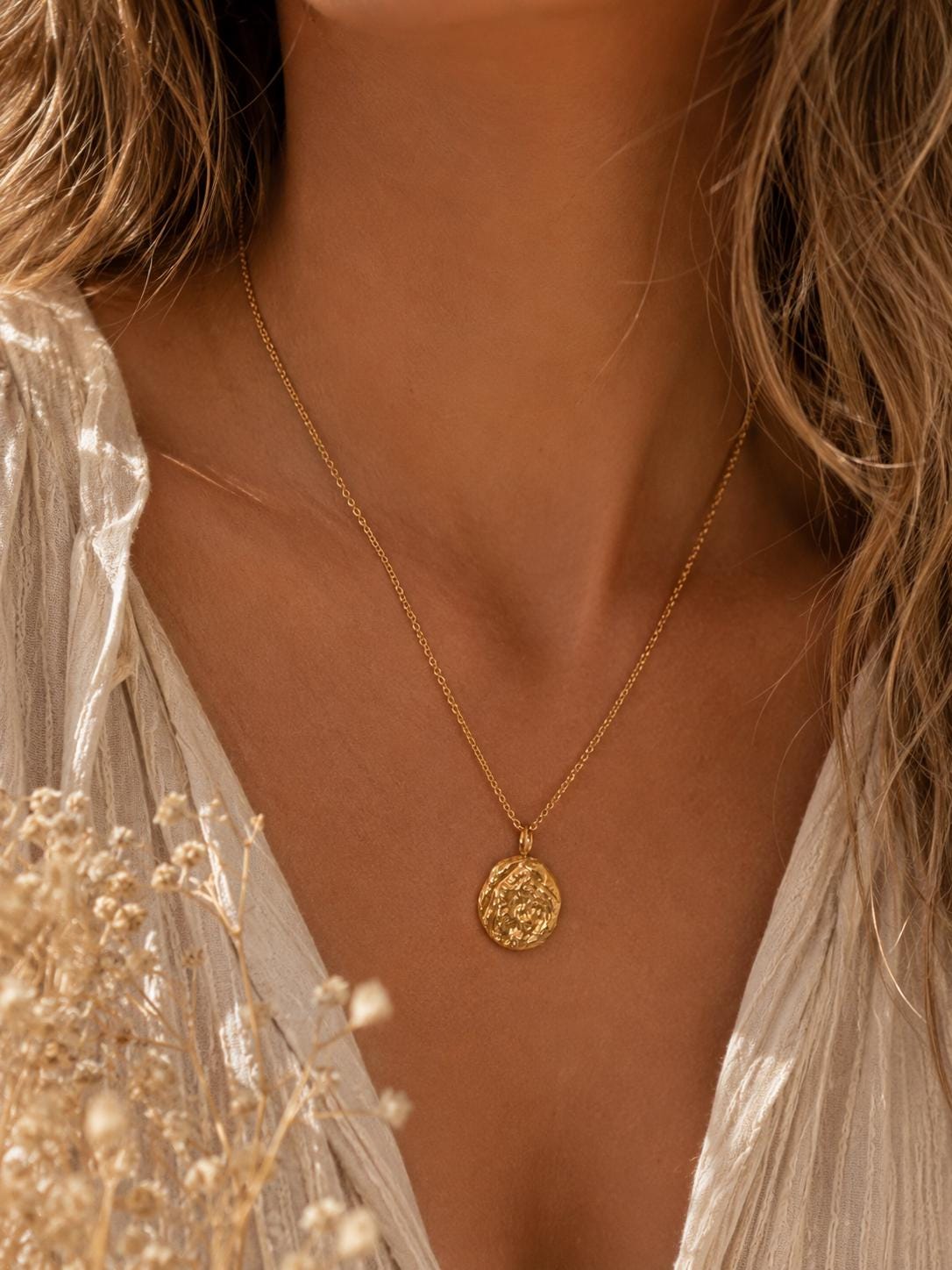Gold Coin Necklace, Medallion Necklace, Waterproof 18K Gold Plated