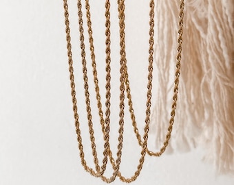 18K Gold Rope Chain Necklace, Waterproof Gold Plated Stainless Steel, Minimal Layering Chain, Unisex Everyday Jewelry