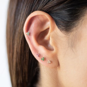 10K Gold drei zierliche Trio Bolzen Ohrring-Gold Schraube zurück Ohrring-Gold Ohr Piercing-Helix Ohrring Bolzen-Schlafen in Ohrring-Drei Stein Ohrring