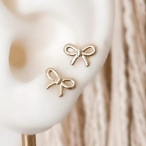 10K Gold Bow Stud Earrings – Hypoallergenic Ribbon Earrings – Cute Gold Earrings for Sensitive Ears – Spring Jewelry – Screw Back Earrings