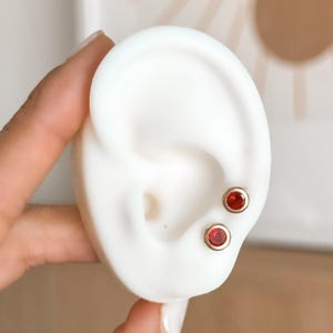May include: A pair of gold-colored stud earrings with round, red gemstones. The earrings are displayed on a white ear-shaped form, showcasing their design and color. The gemstones are set in a gold bezel.