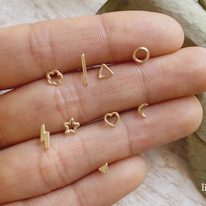 10K Gold Stud Earrings, Mix and Match Piercing Studs, Hypoallergenic Screwback Earrings, Geometric Minimalist Studs, Perfect for Ear Stack