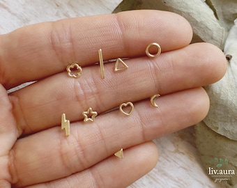 10k gouden studs oorbellen, mix en match piercing studs, geel gouden studs, schroef terug studs oorbellen, gouden niet-overeenkomende stud, geometrische minimalistisch