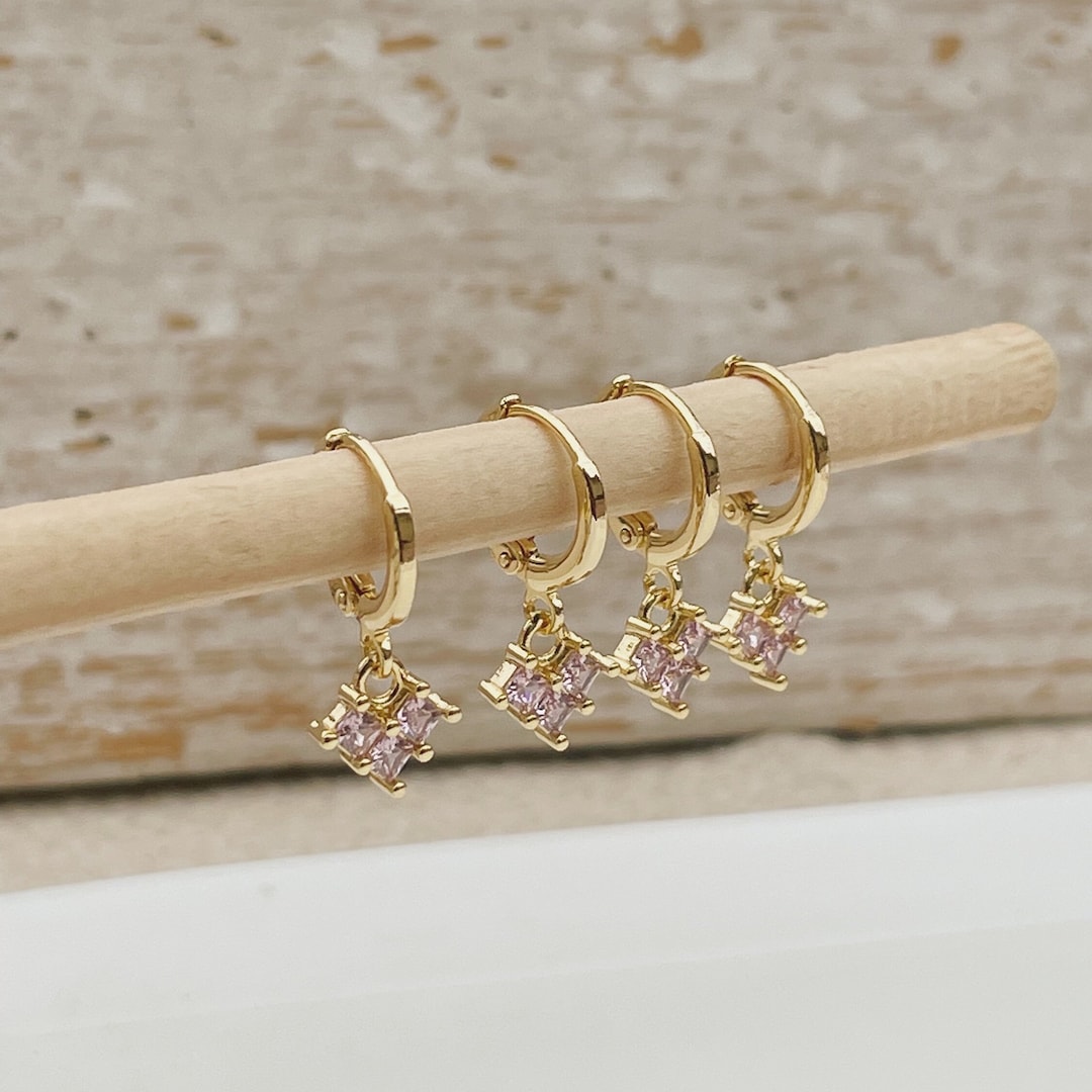 Flower Huggie Hoop Earringsdainty Dangle Hoopscrystal Pink Huggies