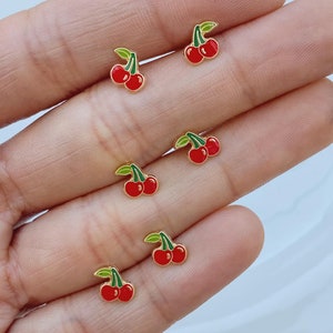 Cherry Earrings-10K Gold Red Cherry Stud Earrings-Gold Fruit Earrings-Dainty Cherries Earrings-Gold Fall Earrings-Gold Fruit Jewelry