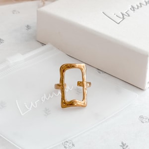 18K Gold Plated Geometric Open Rectangle Ring- Geometric Stainless Steel Ring- Unique Open Rectangle Design Ring-Waterproof Statement Ring