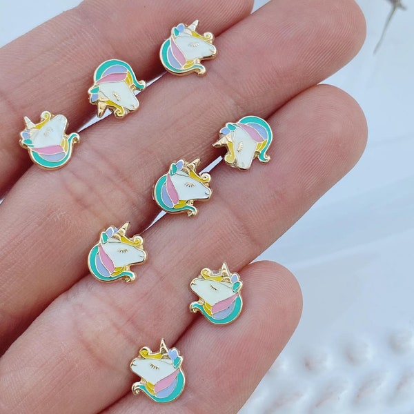 14K Gold Unicorn Stud earrings,unicorn screw back studs,Dainty cute Earrings for Girls Toddlers and Children,Rainbow Unicorn Earrings kids