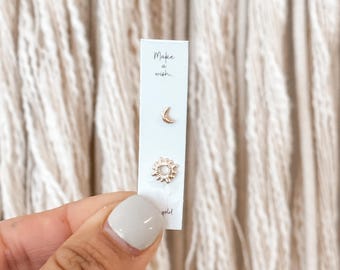 Gold Moon and Sun Earrings – 10K Gold Dainty Stud, Celestial Earrings with Screw Backs, Moon Sun Jewelry, Piercing Earrings, Minimalist Stud