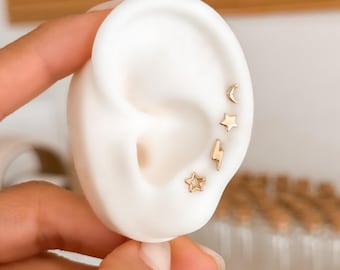 10K Solid Gold Celestial Stud Earrings Set, Screw Back Moon Star Lightning Bolt, Dainty Ear Stack Piercing