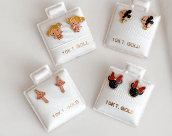 10K Gold Stud Earrings – Dainty Character Studs for Ear Piercing – Ballerina, Girl, Mickey & Minnie Mouse Inspired –Gold Screw Back Earrings