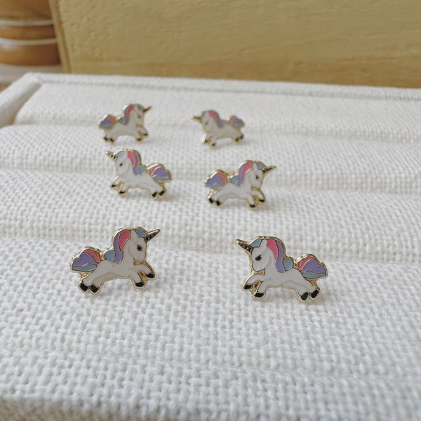 10K Gold Unicorn Stud Earrings- Gold Enamel Unicorn Earrings-Gold Unicorn Kids Earrings-Screw Back Earrings-Solid Gold Animal Earrings