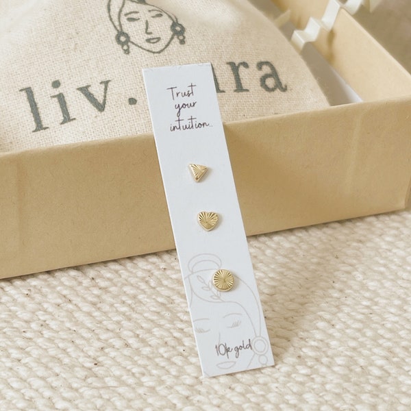 10K Gold Mini Earrings Set,Triangle Circle Heart Earrings-Tiny Dainty Everyday Ear Stack-Gold Piercing-Gold Minimalist Earring Set-Screwback