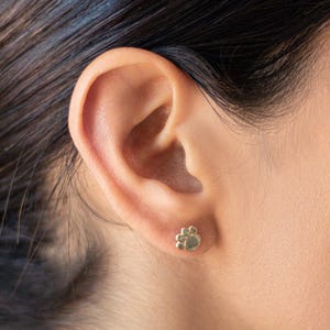 May include: A close-up of a person's ear with a small, gold-colored paw print stud earring. The earring is a detailed representation of a paw print, showcasing the pads and claws. The earring is positioned on the earlobe.