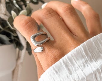 Adjustable Silver Ring – 18K Gold Plated Statement Ring – Waterproof & Hypoallergenic – Modern Stacking Ring -Silver Jewelry