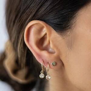 Gold Hoop Earrings With Charm-10K Huggie Hoop Earrings With Bezel CZ Circle,Circle CZ Bezel Dangle Hoop Earrings-Gold Cartilage Hoop