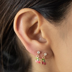 Cherry Drop Earrings-10K Cherry Stud Earrings-Sweet Cherry Fruit Earrings-Stud Earrings Cherry Set-Fall Earrings-Red Cherry Earrings