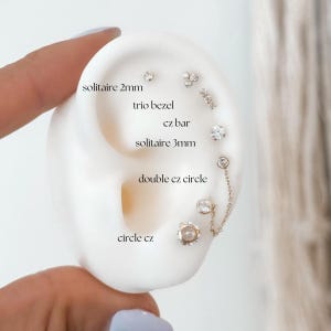May include: A close-up of a white ear model with various gold earrings, including a trio bezel, cz bar, solitaire 2mm, solitaire 3mm, double cz circle, and circle cz.