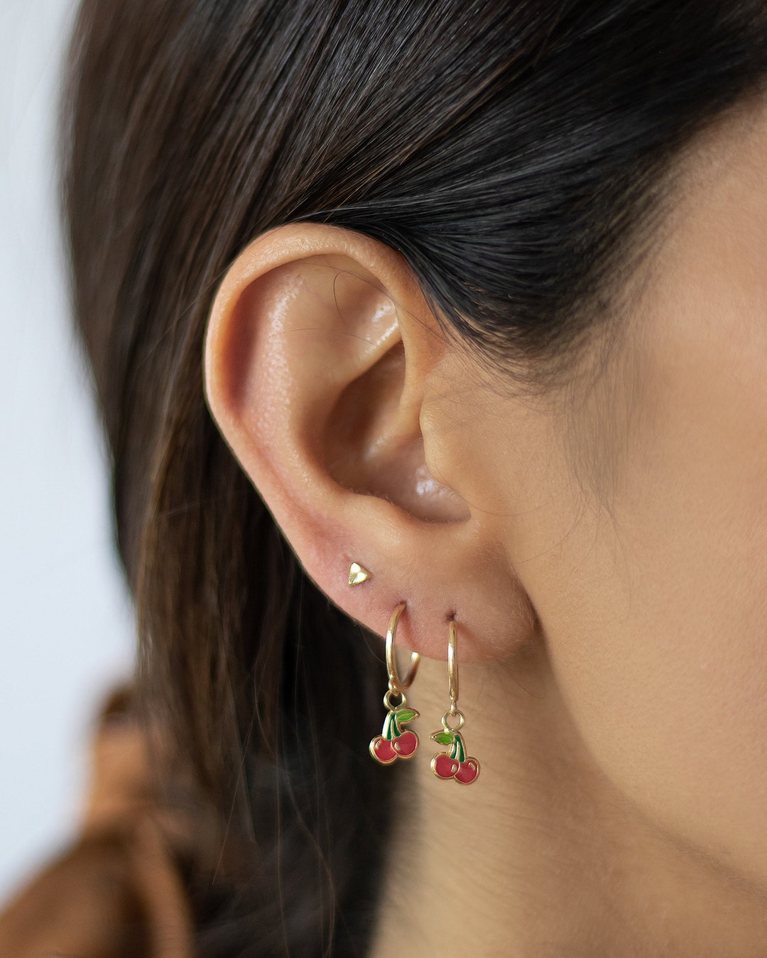 Cherry Hoop Earrings10k Gold Hoop Earring With Charmgold Etsy