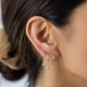 10K Gold Hoop Earrings-Hoop Earrings With Bezel CZ-Hoops Earring With Charm-Rhomboid CZ Bezel Dangle Hoop -Gold Lightweight Hoop