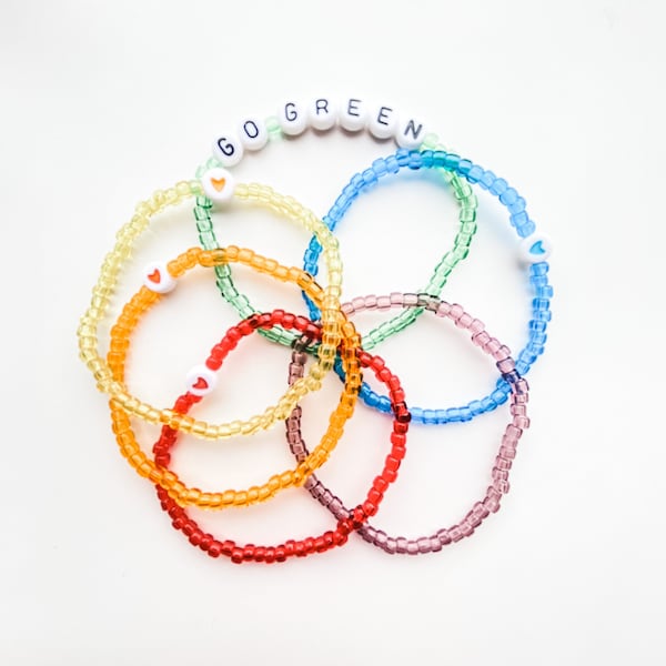 Summer camp spirit bracelets, Color Olympics letter bead bracelets, sleepaway camp bunk junk - unisex child and adult seed bead bracelets
