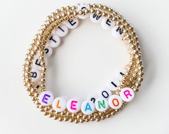 14 Karat 3mm Gold gefüllte Perlen Personalisiertes Monogramm, Name, Kinder Name Wort Stretch Buchstaben Perle Stapeln Armband - Benutzerdefinierte Schmuck Geschenk