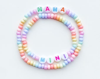 Mama/Mini mommy and me personalized stretch pastel rainbow beaded letter bead word name bracelet set - custom VSCO jewelry gift for mom, BFF