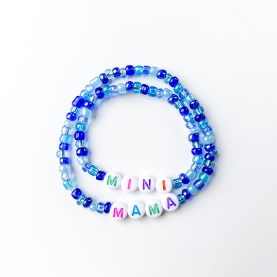 MAMA/MINI Mommy and Me Personalized Stretch Blue Beaded Letter Bead Bracelet  Set, Friendship Bracelets Custom Jewelry Gift for Mom or BFF 