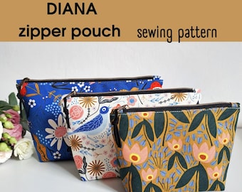 DIANA zipper pouch PDF Sewing Pattern, Instant download, Cosmetic Bag Pattern, Sewing Pouch, Sewing Tutorial, PDF Pattern
