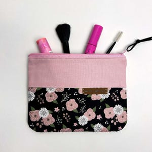 Borsa cosmetica in cotone floreale nero, borse cosmetiche piatte, borsa da toilette in cotone, borsa cosmetica da viaggio, borsa per il trucco in cotone, regalo per lei