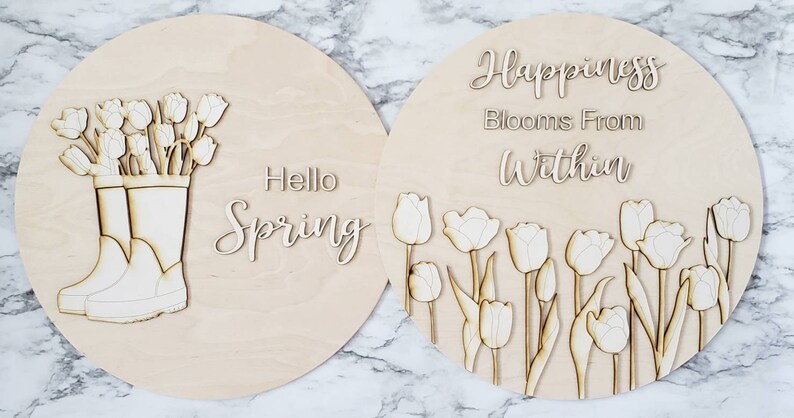 Flower Sign Round Door Hanger Hello Spring DIY Spring Sign DIY Tulip Sign Boot Sign
