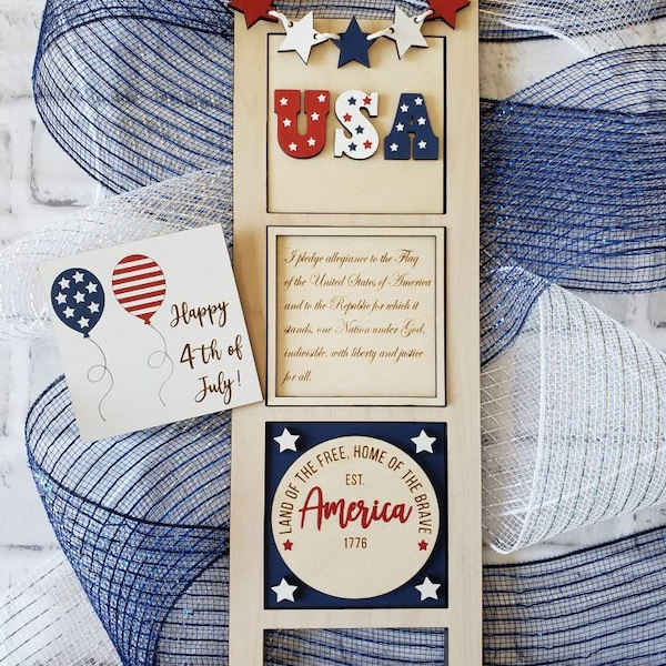 4th of July Decor, Wood Frame, Wood Tiles, Leaning Ladder, Interchangeable Ladder, Replaceable Tiles, Summer Decor. Patriotic