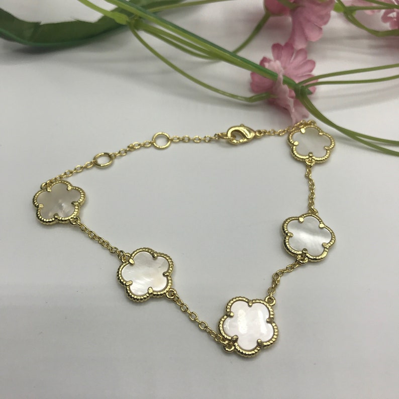 925 Sterling Silver With Gold Plated/White Pearl Bracelet/Clover Bracelet/Gift For Her/Mother Of Pearl Bracelet 