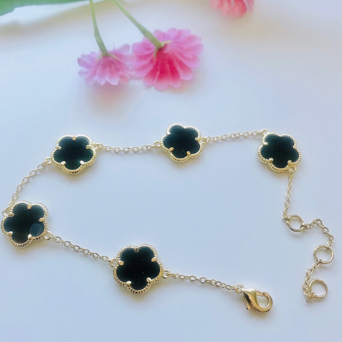 14K Gold Plated Bracelet/black Onyx/clover Bracelet/gift for Etsy