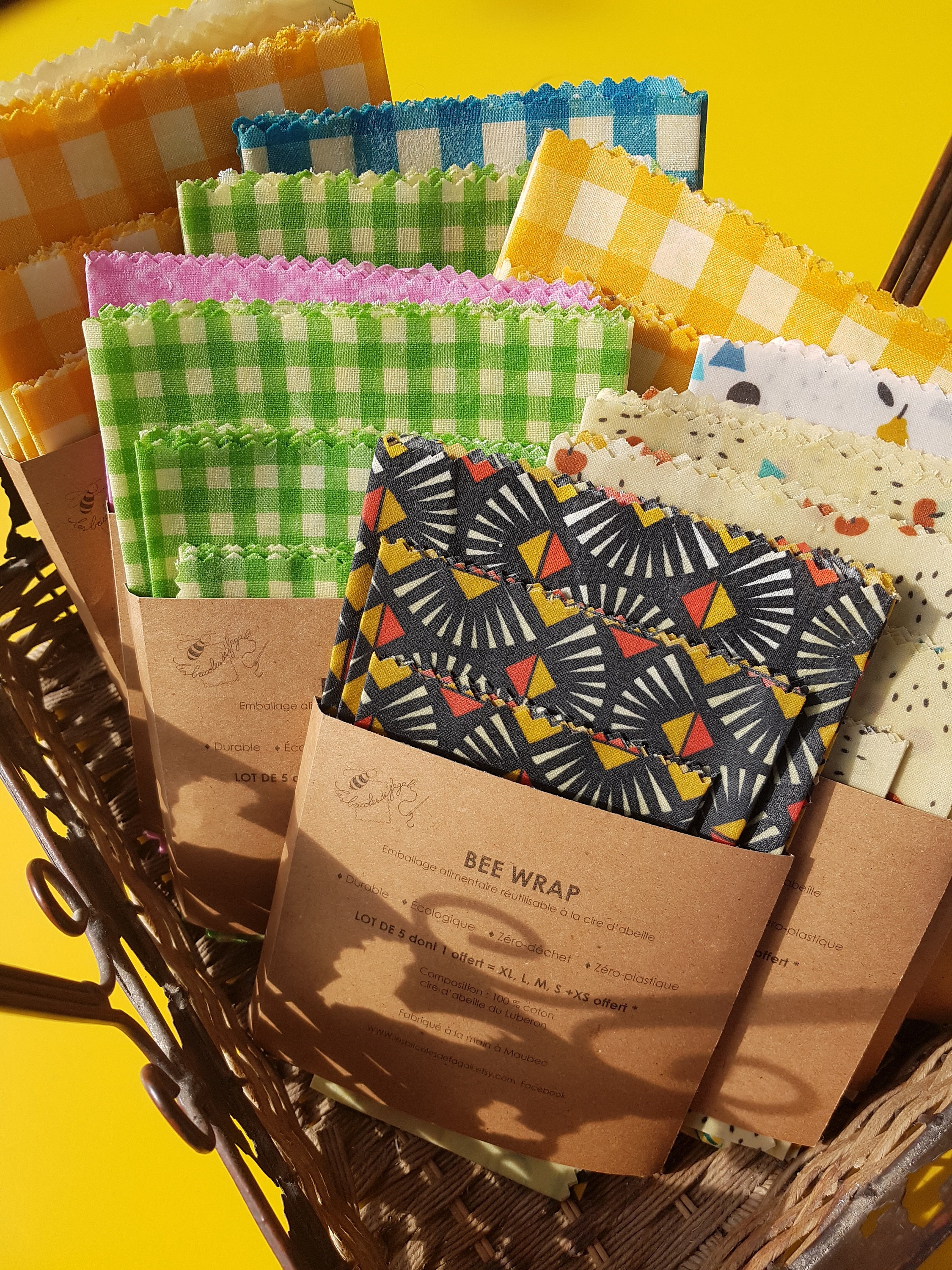 Lot de 5 Emballage Alimentaire Réutilisable en Cire d'abeille Dont 1 Gratuit, Zéro Déchet, Plastique