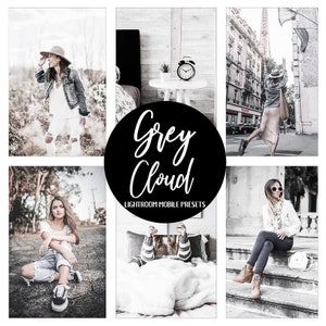 Può includere: Un collage di immagini con persone in vari contesti, con un cerchio nero al centro che dice "Grey Cloud Lightroom Mobile Presets".