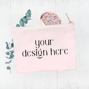 Blush Pink Makeup Bag Mockup Rustic Background | Blush Bag Rose Gold Zipper Mockup | Makeup Bag Mockups | Pink Makeup Bag Mockup
